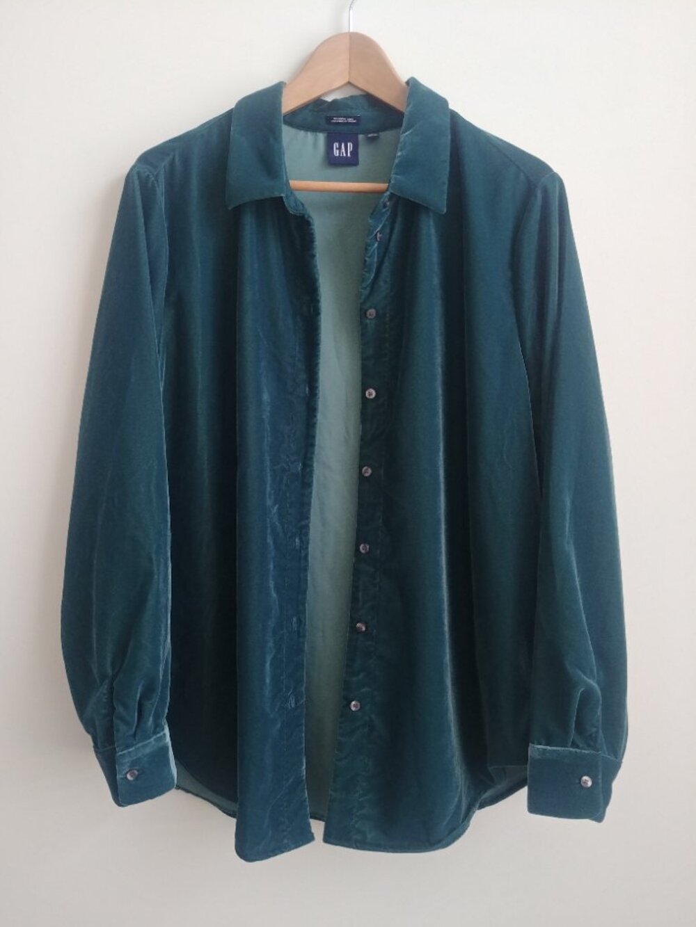 Gap Large velvet dark teal Boyfriend Shirt button down blouse top blue green